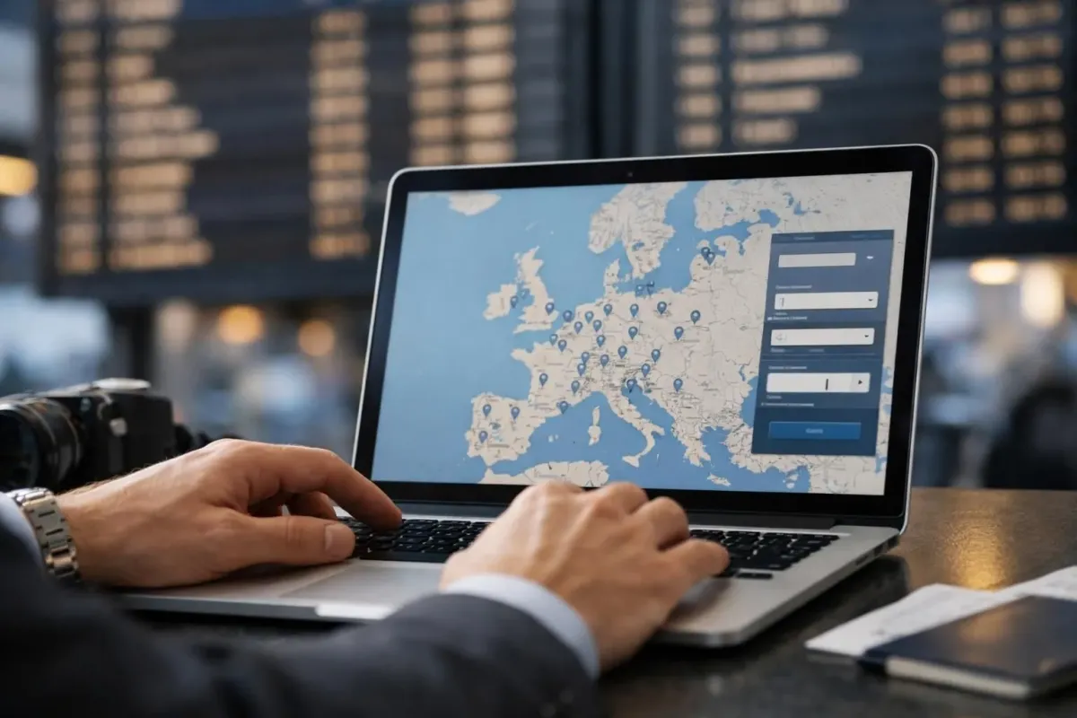 Passenger browsing flight options on laptop screen showing European destinations map with multiple city pins, airport departure board visible in background, travel planning concept with calendar and booking interface
