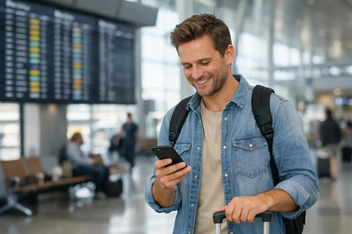 Voyageur souriant consultant son smartphone dans un terminal d'aéroport moderne avec des tableaux d'affichage de vols en arrière-plan, lumière naturelle, ambiance décontractée et optimiste
