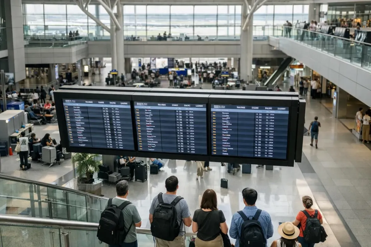 Passenger viewing departure board showing long-haul international flights to distant continents like Asia, Americas, and Oceania in modern airport terminal, natural lighting, editorial travel photography style