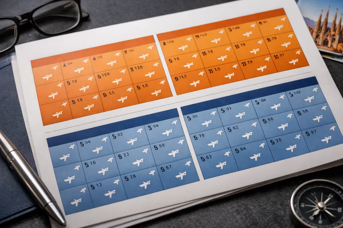 Calendar showing winter and autumn months highlighted, with airplane ticket prices displayed, budget travel planning concept for Barcelona flights