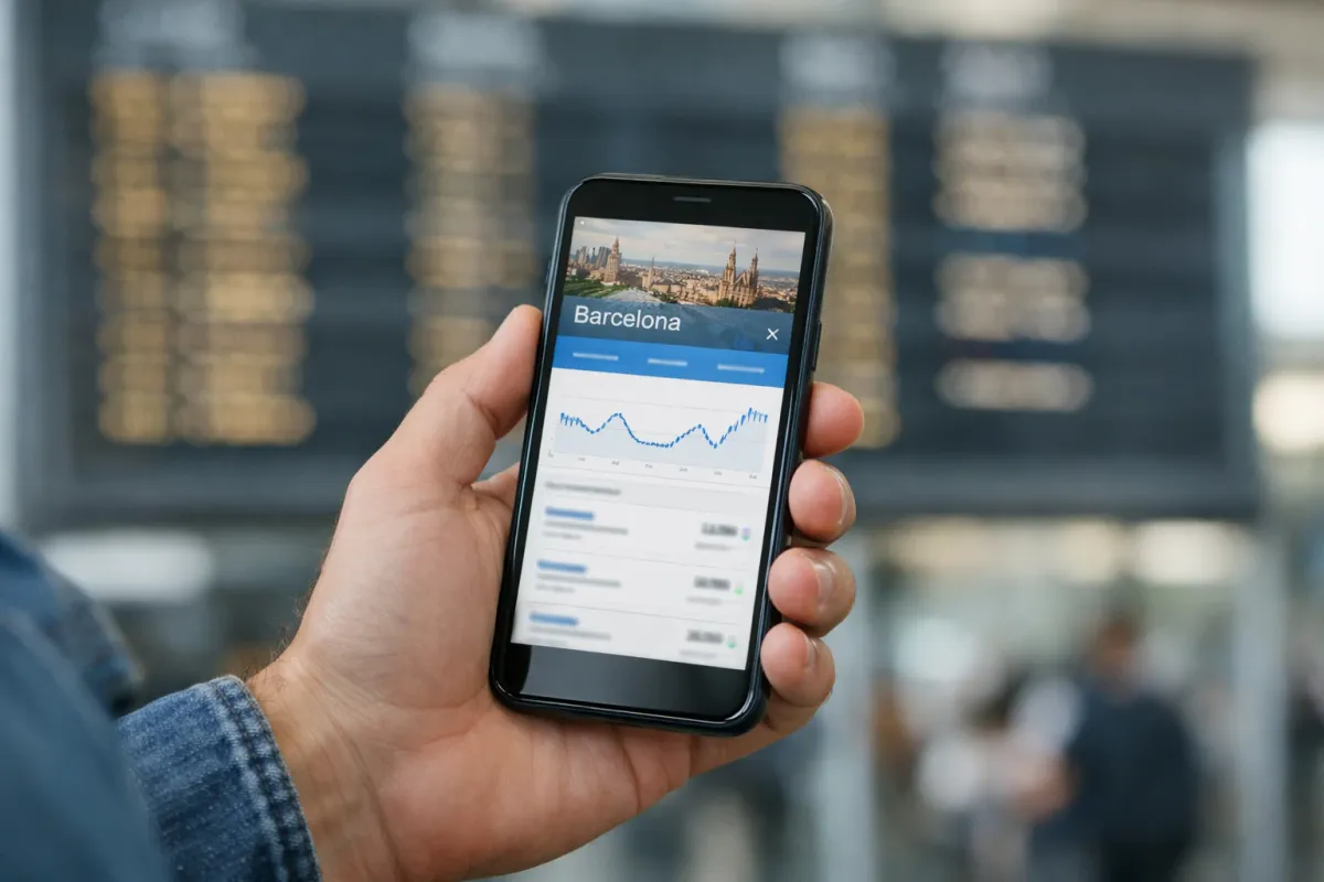 Smartphone displaying flight price tracking app with Barcelona destination and calendar dates on screen, held by traveler's hand with airport departure board blurred in background, natural lighting, candid travel photography