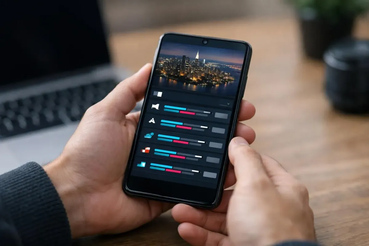 Close-up of hands holding smartphone displaying flight price tracking app with New York destination selected and multiple airline price comparisons shown on screen with notification bell icon active
