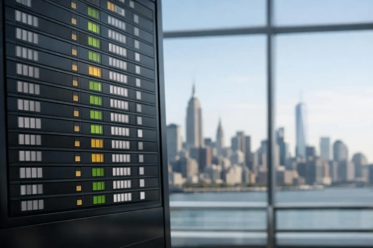 Aerial view of three major New York airports showing runways and terminals with Manhattan skyline in background, travelers comparing flight options on departure board