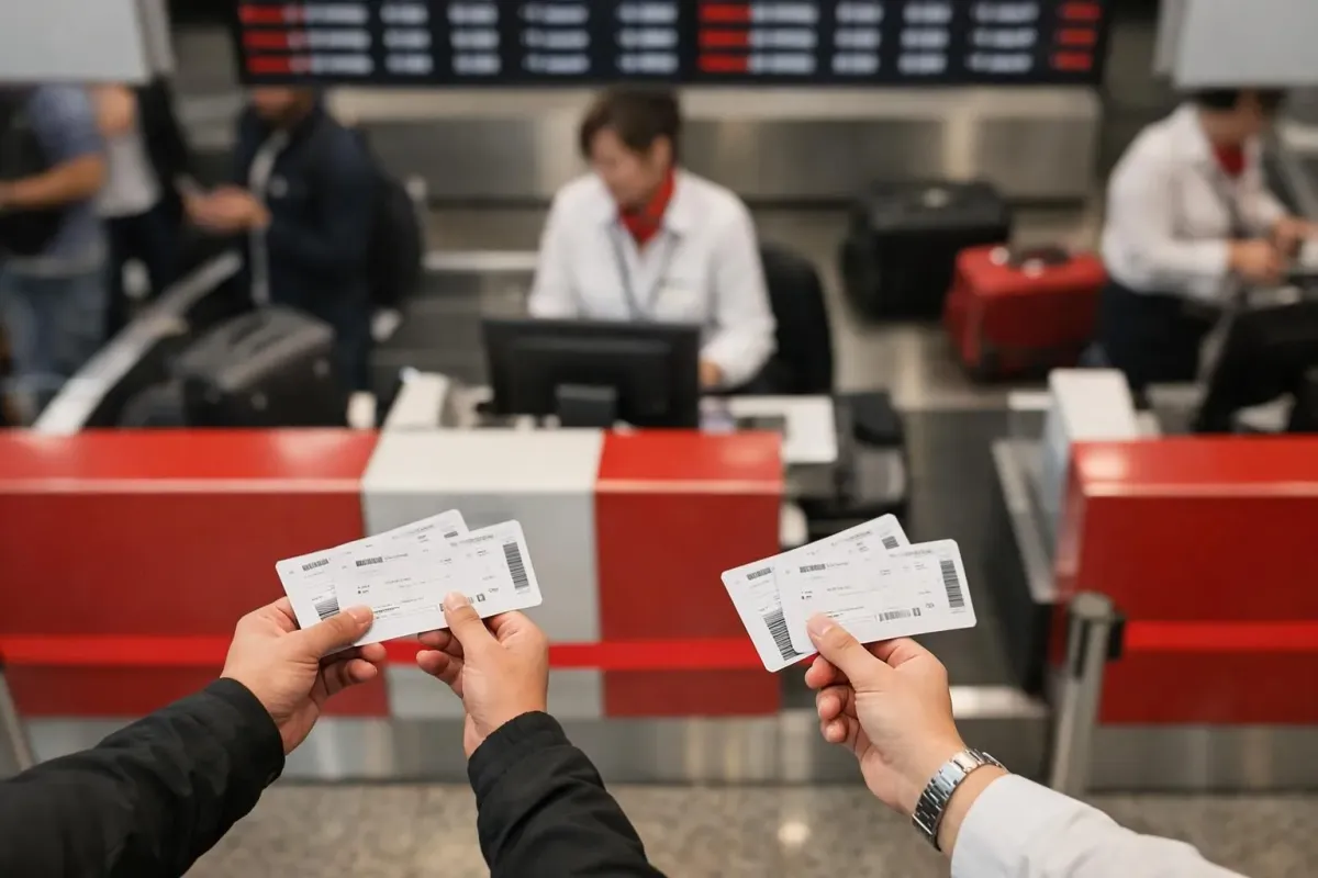 Passenger comparing two airline boarding passes at airport check-in counter with luggage, focusing on price comparison between traditional and low-cost carriers for transatlantic flights to New York