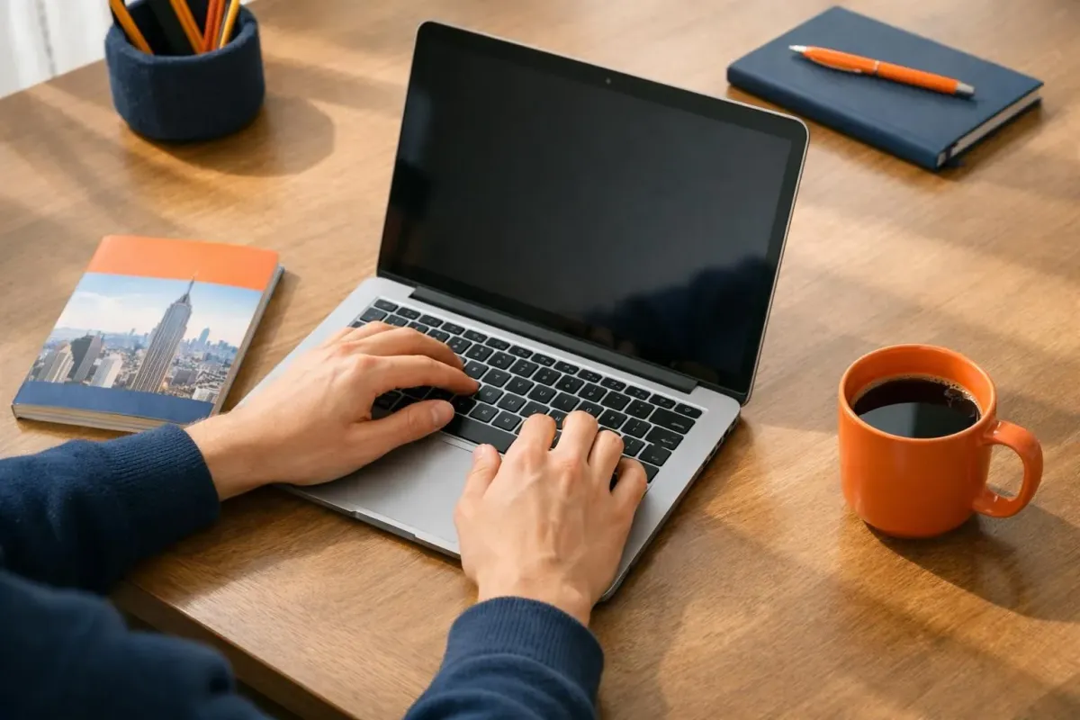 Traveler comparing flight prices on laptop with calendar showing February dates circled, next to coffee cup and New York guidebook on wooden desk in morning light