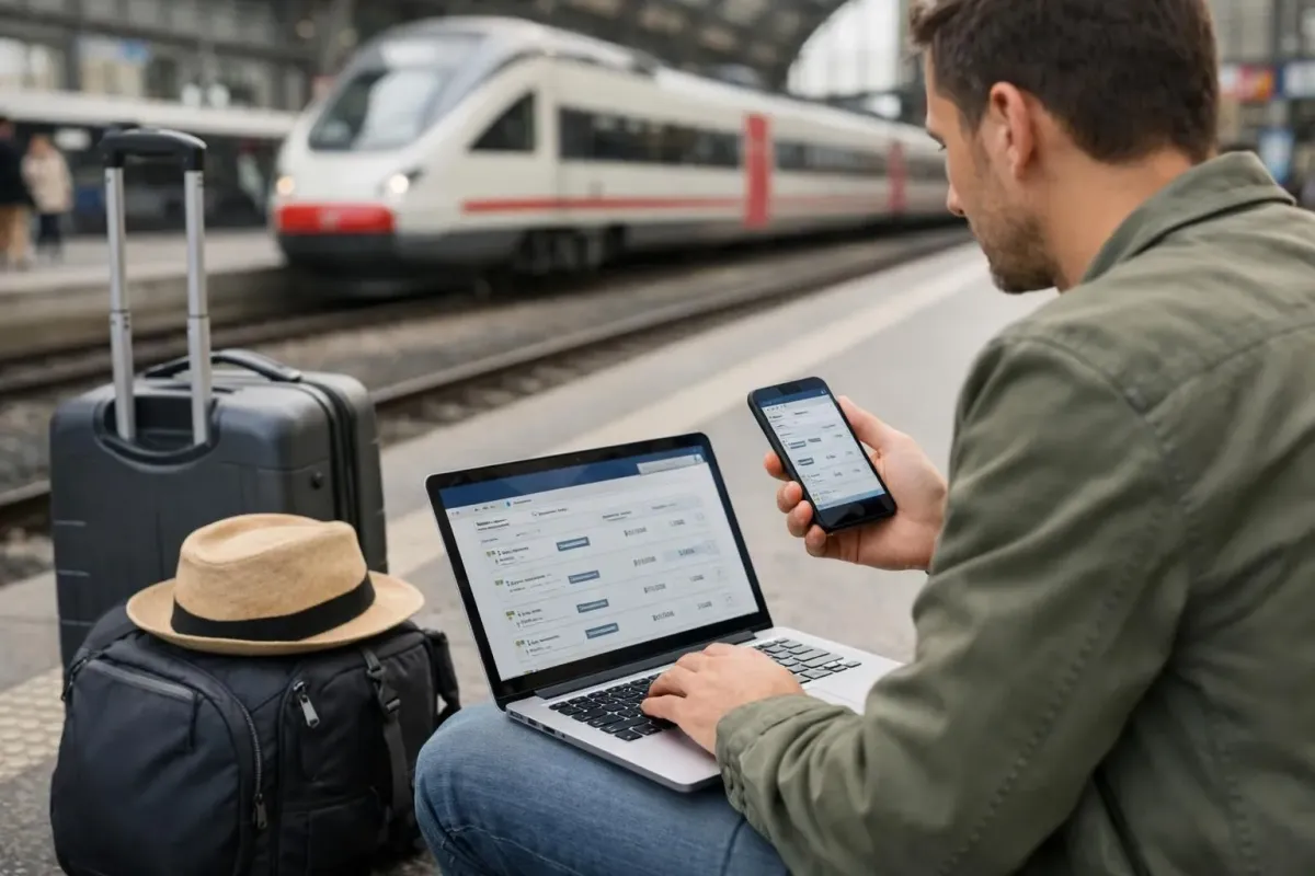 Traveler comparing train ticket prices on laptop and smartphone at European train station platform, ticket booking apps visible on screens, luggage beside them, natural daylight, realistic travel scene