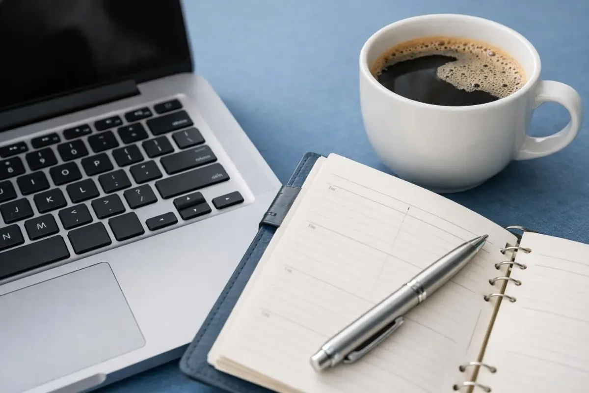 Traveler looking at calendar and laptop screen comparing hotel prices and dates for European destinations, planning optimal booking timing with coffee cup on desk