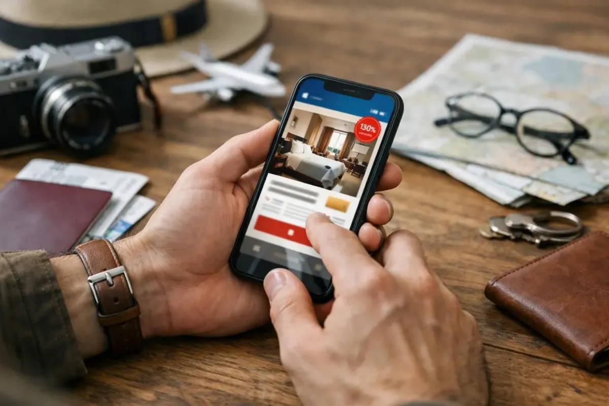 Smartphone displaying hotel booking application with discount badge, held by traveler's hand near passport and travel documents on wooden table