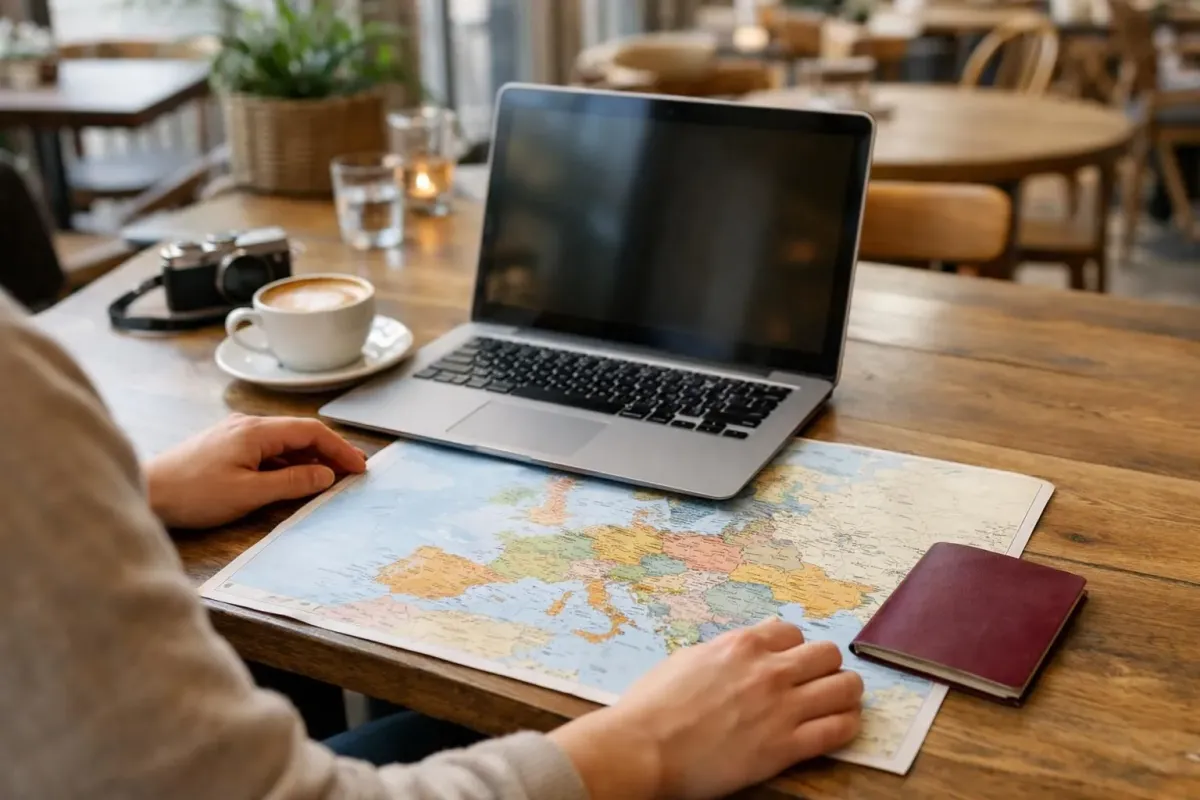 Voyageur dans un café moderne regardant son ordinateur portable avec une carte de l'Europe et un passeport sur la table, lumière naturelle chaleureuse entrant par la fenêtre, ambiance décontractée et inspirante pour la planification de voyage