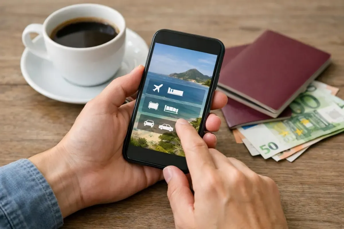 Close-up of hands holding smartphone displaying travel booking app with loyalty program rewards and discount badges, coffee cup on wooden table beside passport and euro bills, warm natural lighting