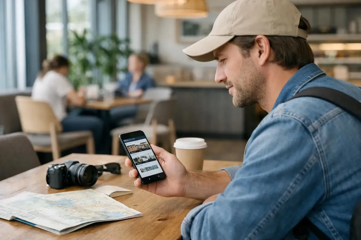 Voyageur souriant consultant son smartphone dans un café ou hall d'hôtel moderne, écran montrant une application de réservation, ambiance décontractée et lumière naturelle, contexte de planification de voyage sereine