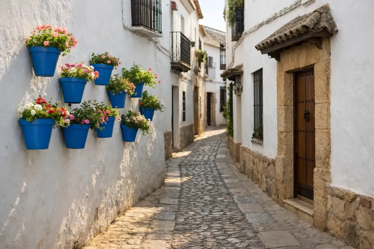 Narrow whitewashed alleyway in Ronda old town with blue flower pots hanging on white walls, traditional Andalusian doorways, morning sunlight creating shadows on cobblestones