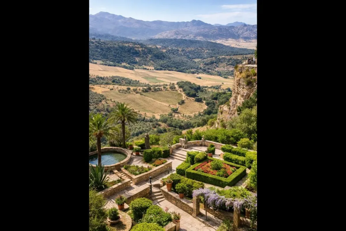 Terraced gardens overlooking dramatic valley and mountain ranges from Ronda viewpoint, Andalusian landscape with native vegetation and panoramic vista