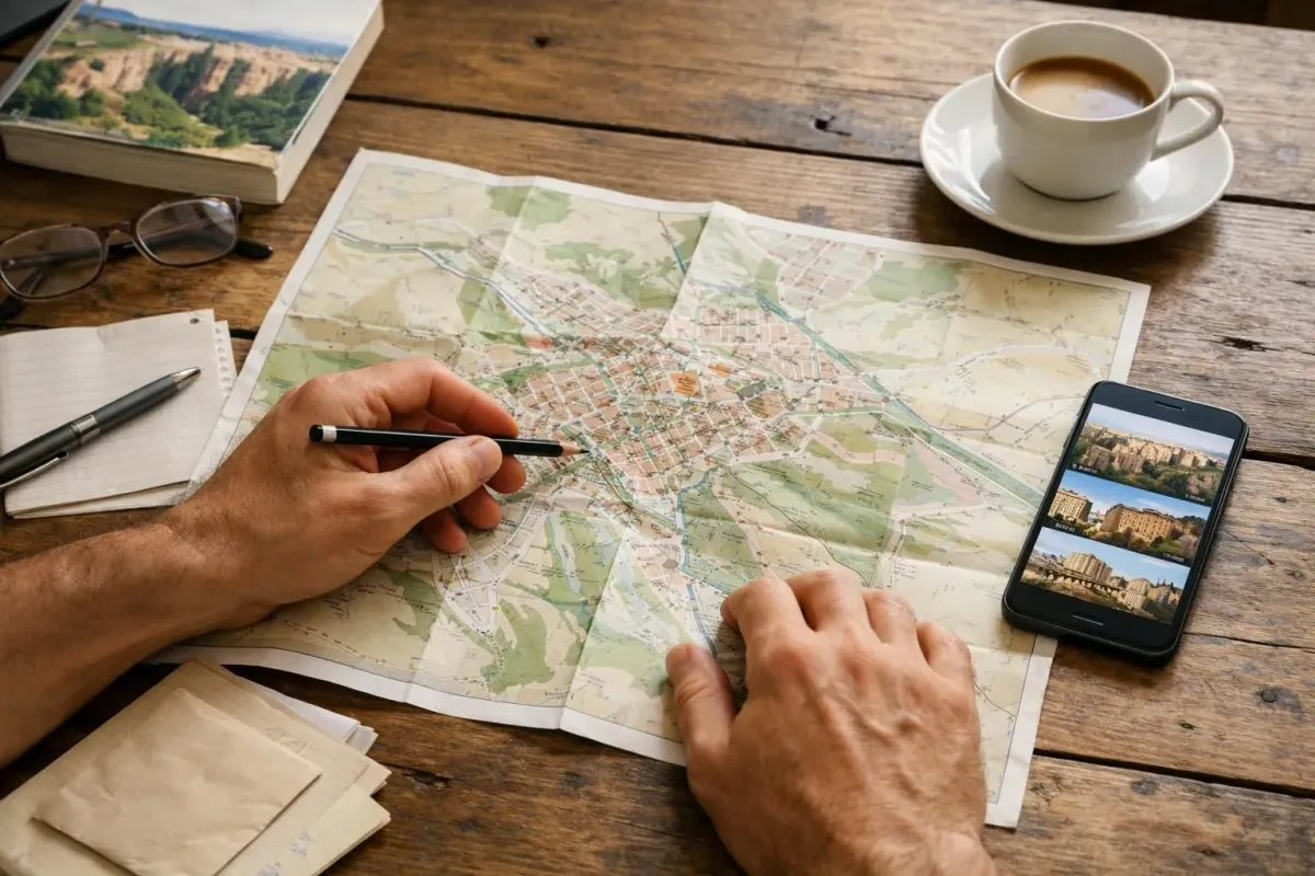 Overhead view of a traveler's hands planning a Ronda itinerary with a local map spread on a wooden table, Spanish guidebook, handwritten notes, coffee cup and smartphone showing Ronda landmarks, warm morning light, authentic travel preparation scene