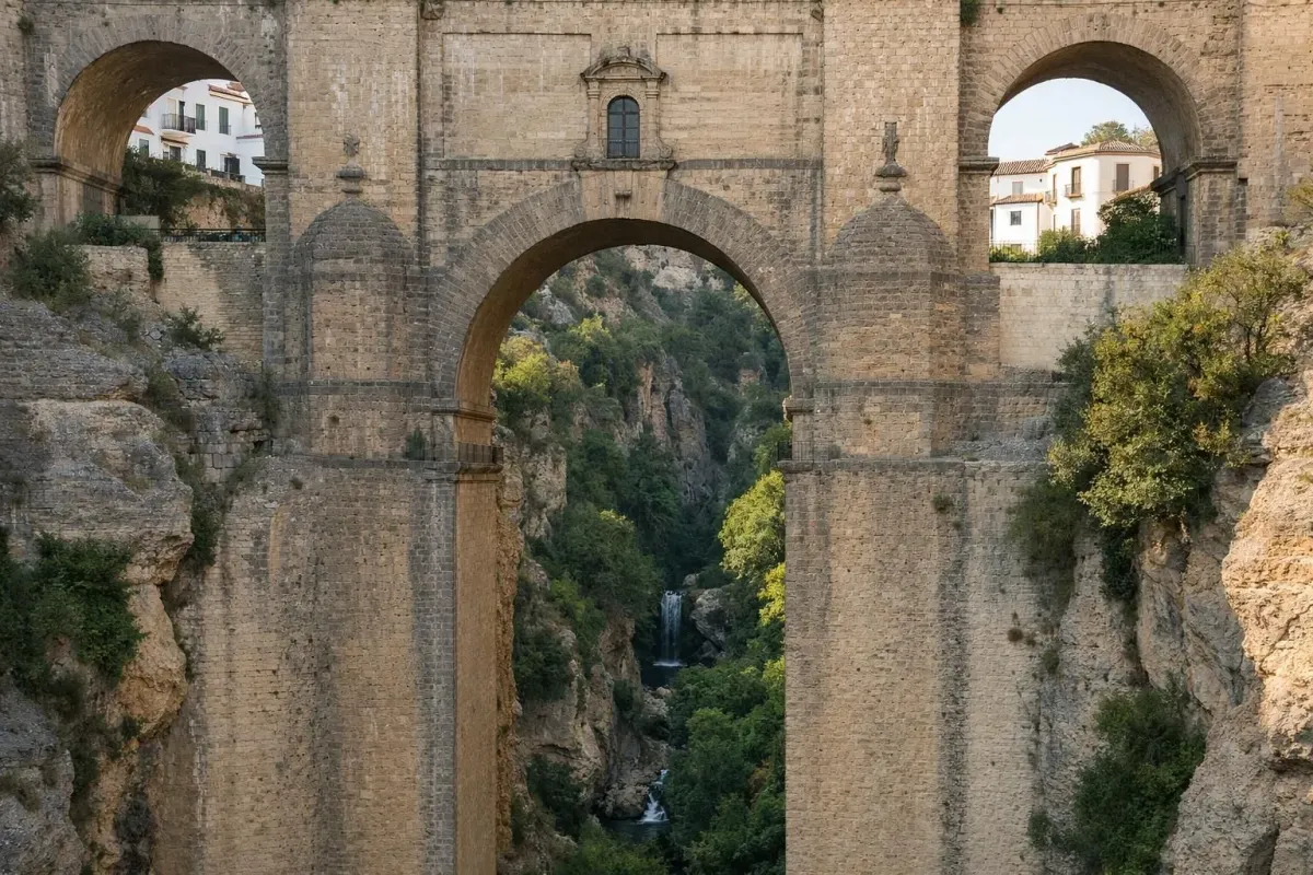 Puente Nuevo bridge dramatically spanning deep rocky gorge in Ronda, white-washed Andalusian buildings perched on cliff edge, warm morning sunlight illuminating ancient stone arches, lush vegetation in canyon below, realistic travel photography perspective