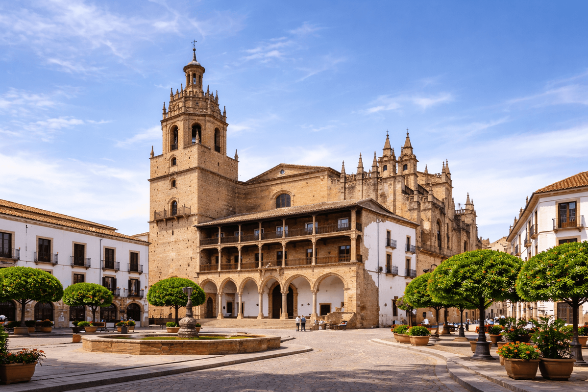 Exterior view of Santa Maria la Mayor church in Ronda Spain with bell tower formerly minaret, showing mixed architectural styles on historic plaza