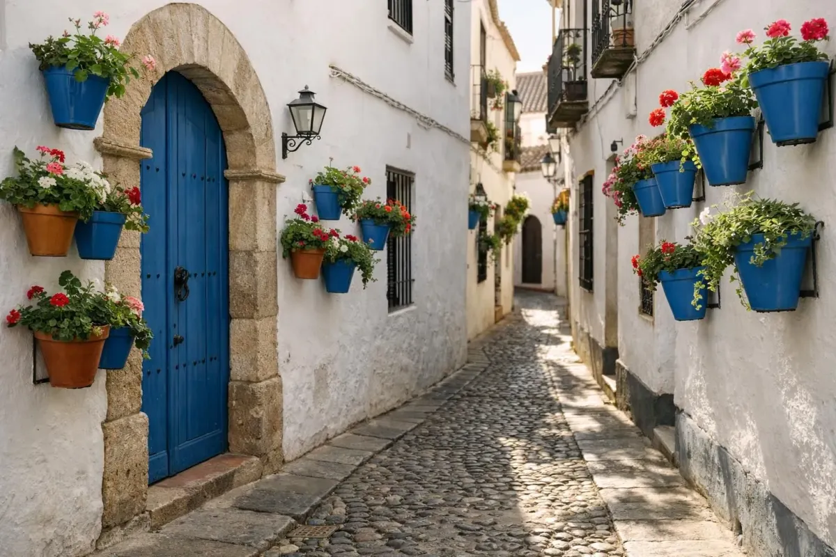 Narrow whitewashed alleyways in Cordoba's Jewish Quarter with traditional flowerpots, blue doors, and cobblestone streets creating shadows under morning sunlight