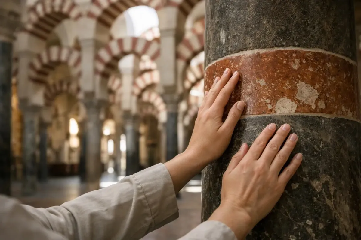 Vue intérieure de la forêt de colonnes bicolores rouge et blanc de la Mezquita-Catedral de Cordoue avec arcs en fer à cheval, architecture islamique ancienne, lumière naturelle filtrant à travers les arcades