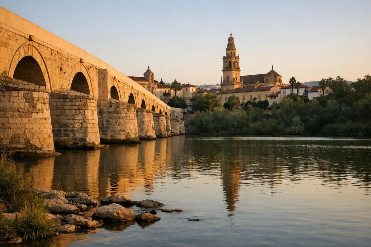 Pont romain de Cordoue aux seize arches de pierre traversant le Guadalquivir au coucher du soleil avec la tour de la Mezquita visible en arrière-plan et reflets dorés sur l'eau calme