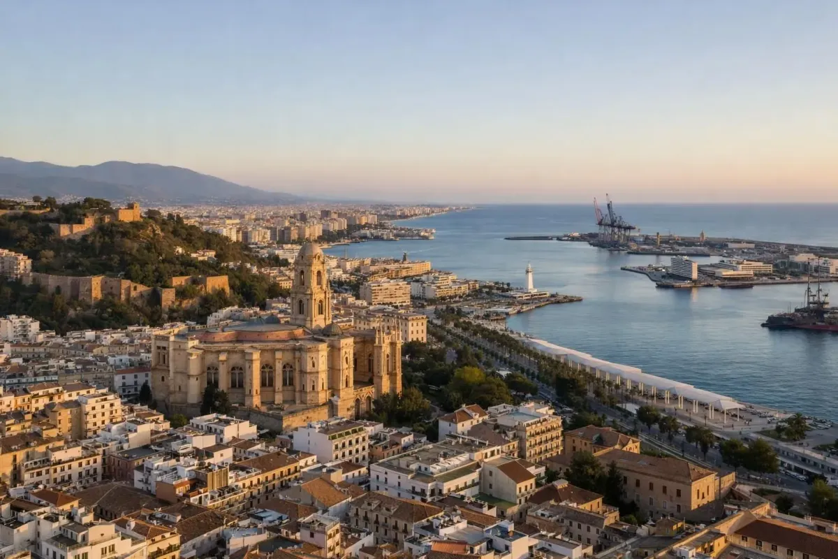Aerial view of Malaga's historic center showing the cathedral dome, Alcazaba fortress on the hill, and the harbor with boats, captured during golden hour with warm Mediterranean light, showcasing the blend of ancient and modern architecture