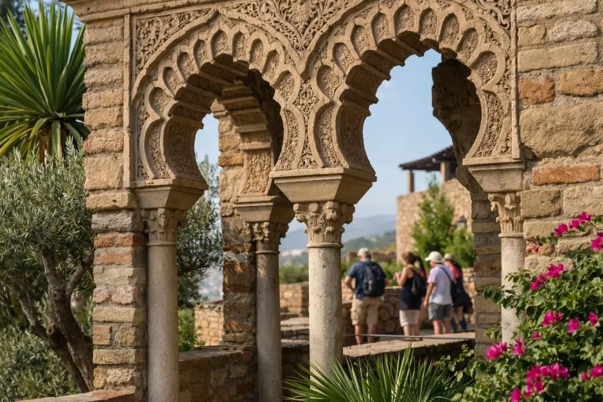 Vue de l'Alcazaba de Malaga depuis ses jardins intérieurs avec arches mauresques et végétation méditerranéenne, architecture en pierre ocre sous lumière matinale, visiteurs en arrière-plan explorant les terrasses