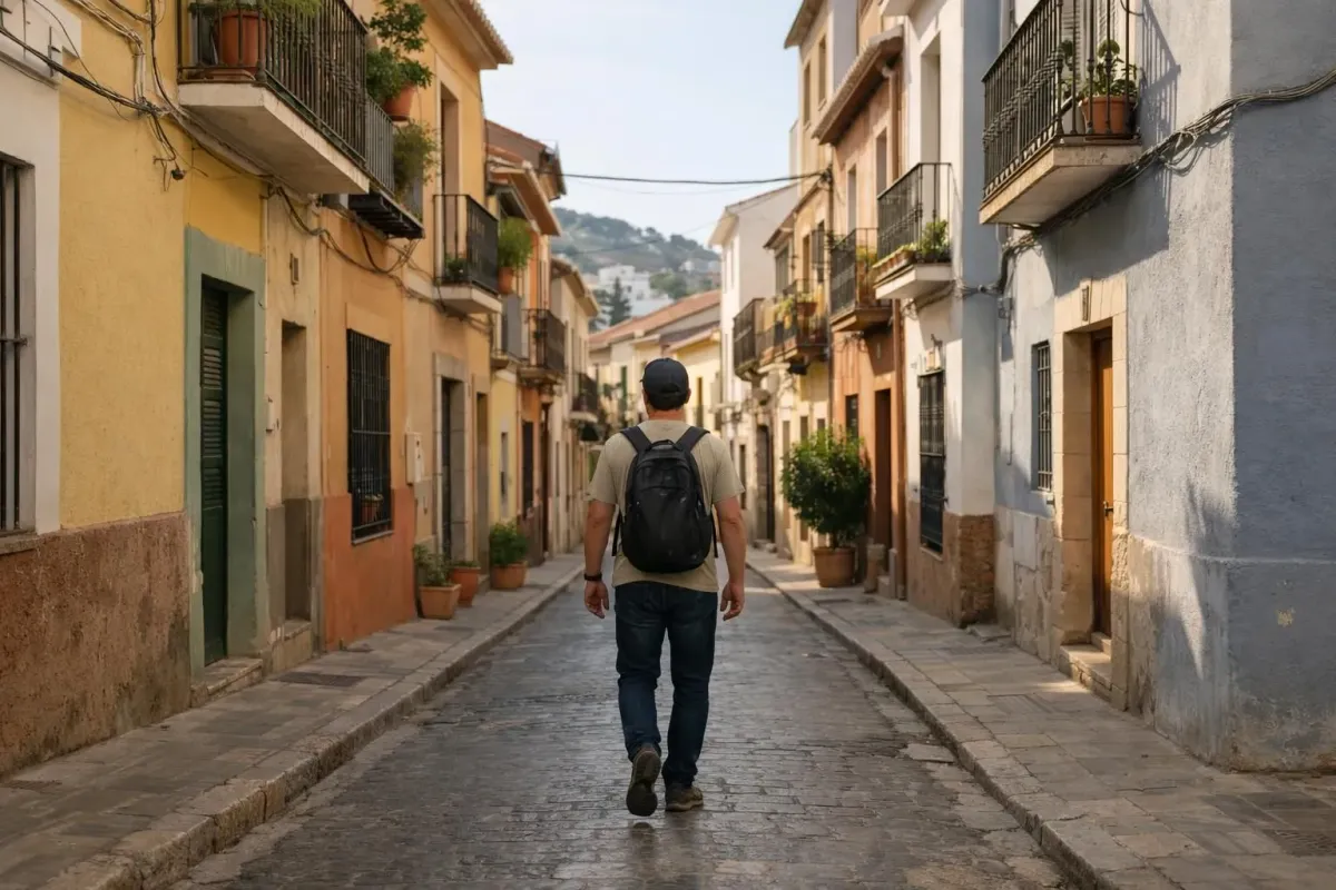 Voyageur explorant une ruelle authentique de Malaga avec des bars locaux et façades colorées loin des zones touristiques, ambiance matinale calme