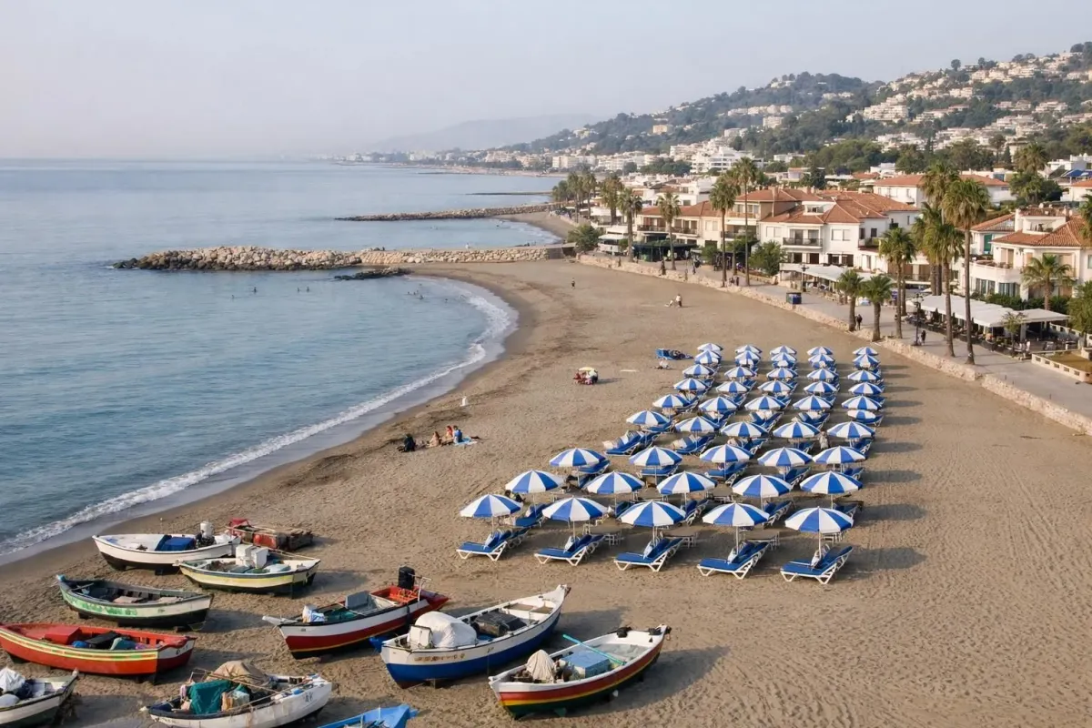 Plage de Pedregalejo à Malaga avec ses chiringuitos traditionnels de bois bleu et blanc, bateaux de pêche colorés échoués sur le sable doré, quelques plagistes locaux sous parasols, architecture andalouse basse en arrière-plan, ambiance matinale méditerranéenne tranquille