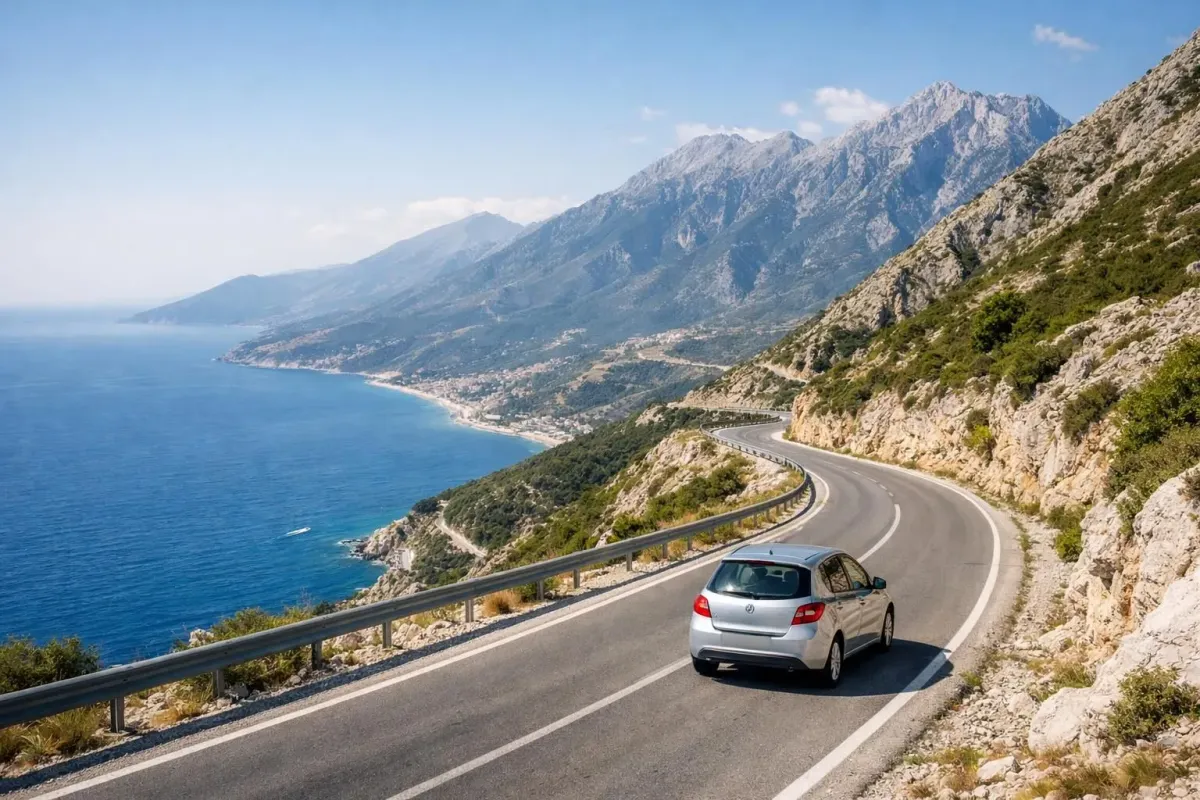 Rental car driving on winding mountain road in Albanian Alps with coastal view below, dramatic landscape, travel adventure photography style, bright Mediterranean light, real photo aesthetic