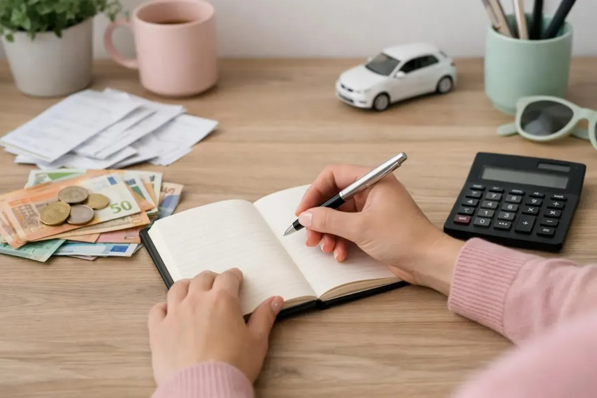 Euro banknotes and calculator on wooden desk with travel documents, realistic budget planning workspace for Albania car rental