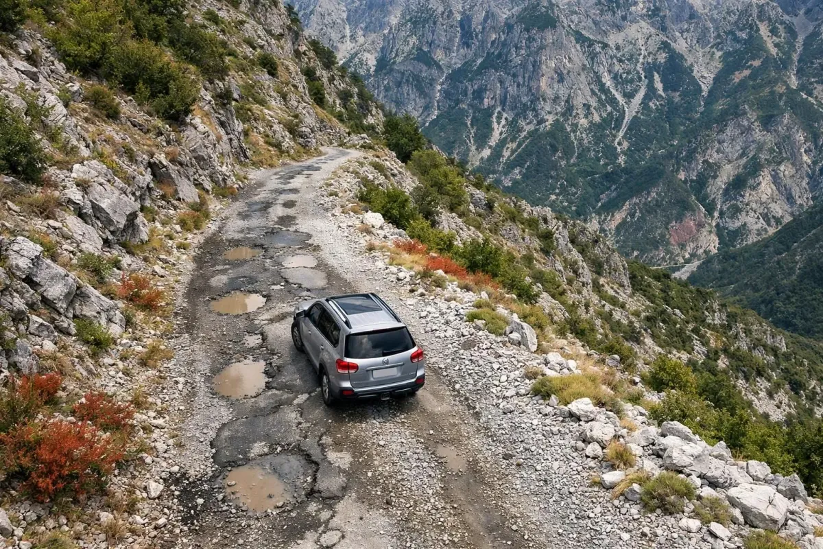 Narrow Albanian mountain road with visible potholes and gravel sections, SUV navigating rough terrain, dramatic rocky landscape in background, realistic travel photography style, no text or signs visible