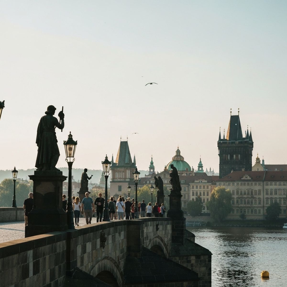 Tourists walking across the historic Charles Bridge in Prague at sunrise with stone statues silhouetted against golden morning light and the Vltava river below, wide angle view capturing the architectural details and peaceful early morning atmosphere