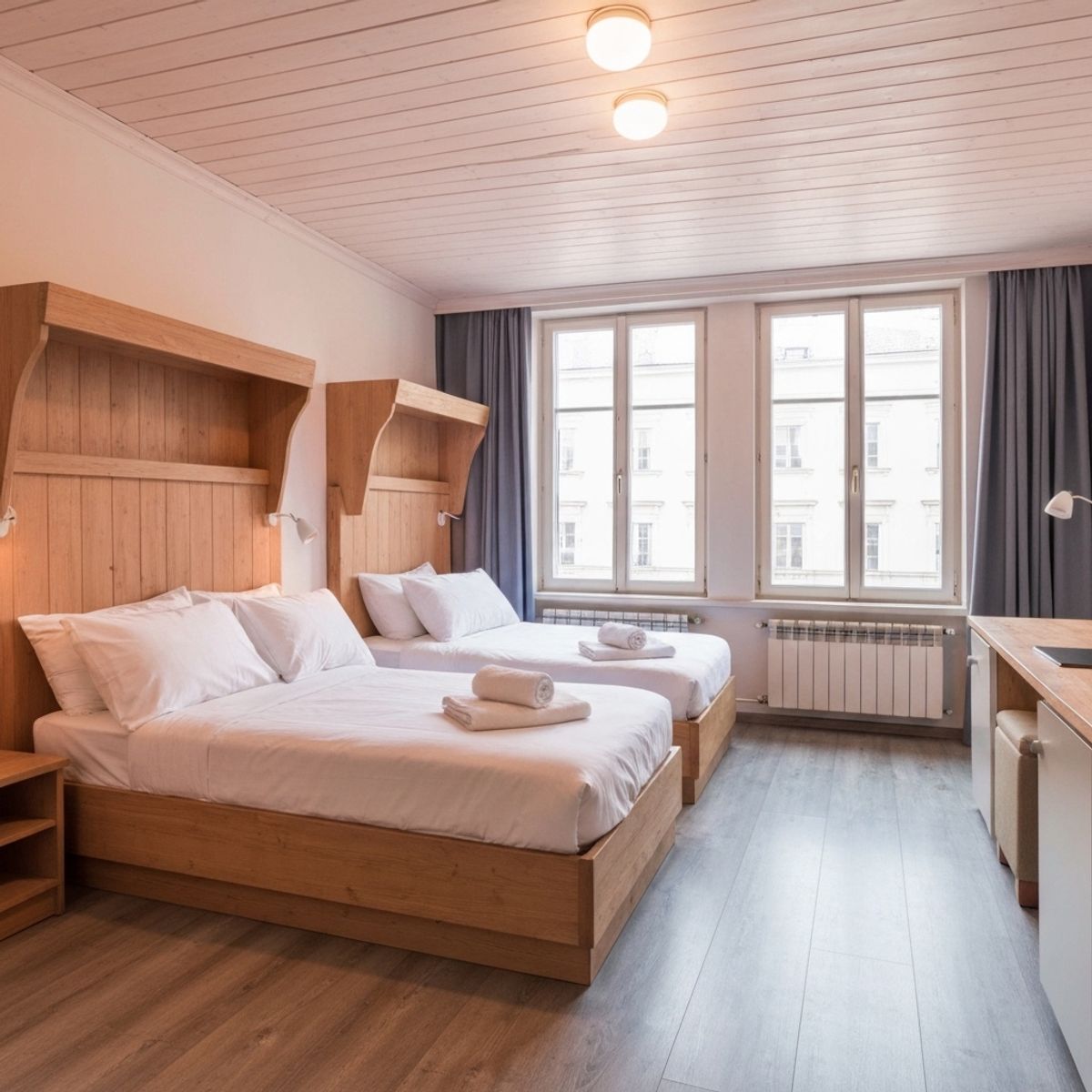 Colorful hostel dormitory room in Prague with wooden bunk beds, clean white linens, lockers, and warm ambient lighting showing affordable yet comfortable accommodation for budget travelers