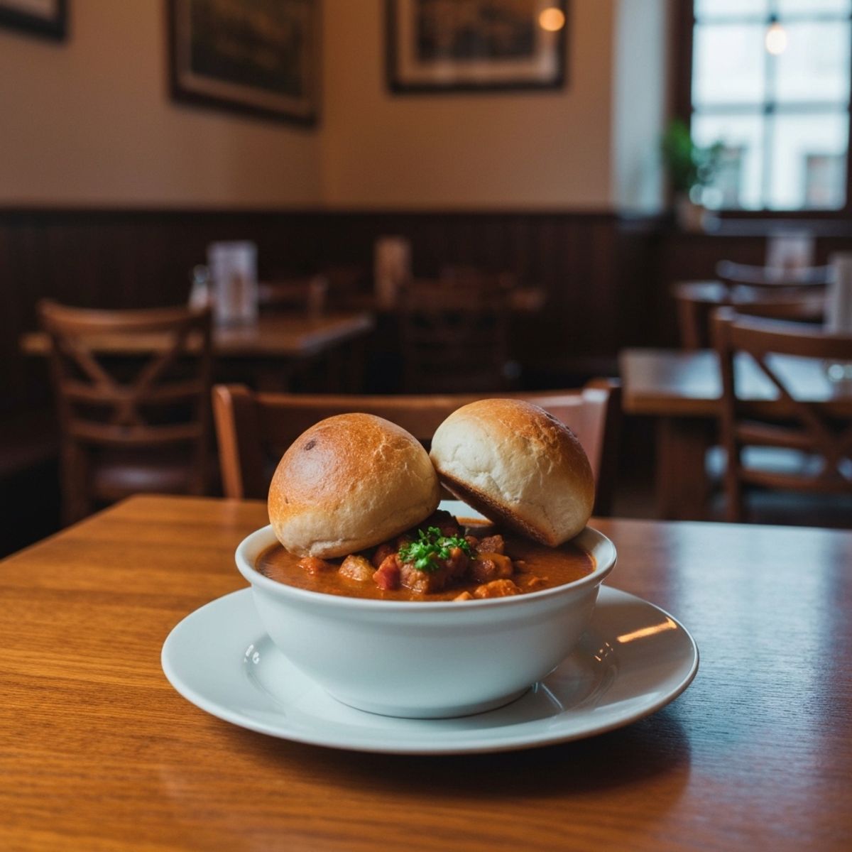 Traditional Czech goulash served in a ceramic bowl with bread dumplings at an authentic Prague lokál restaurant, wooden table setting, warm ambient lighting, local dining atmosphere