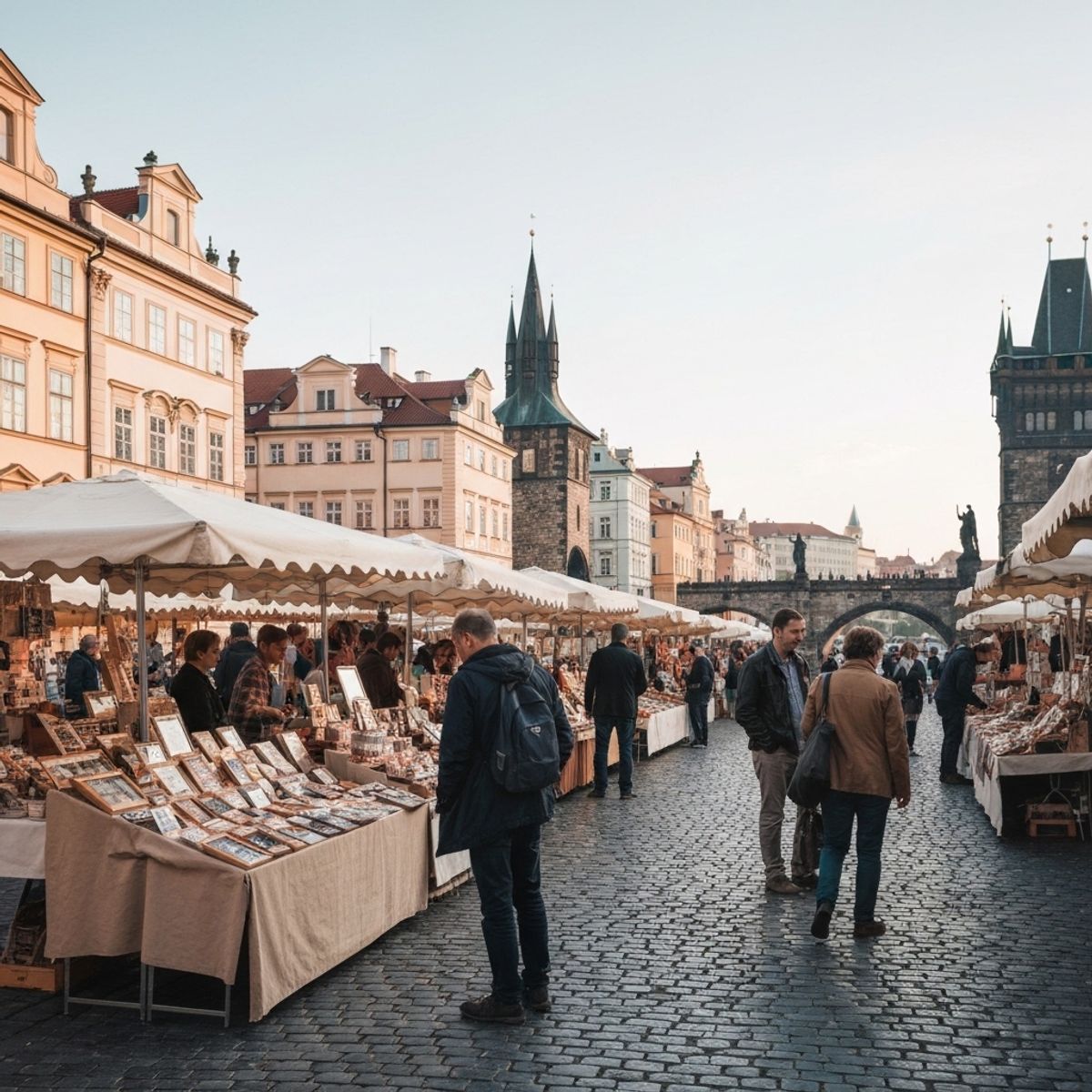 Travelers enjoying affordable street food at Prague Old Town Square outdoor market stalls, with colorful historic buildings and Charles Bridge visible in background, warm afternoon light, real people interacting with local vendors