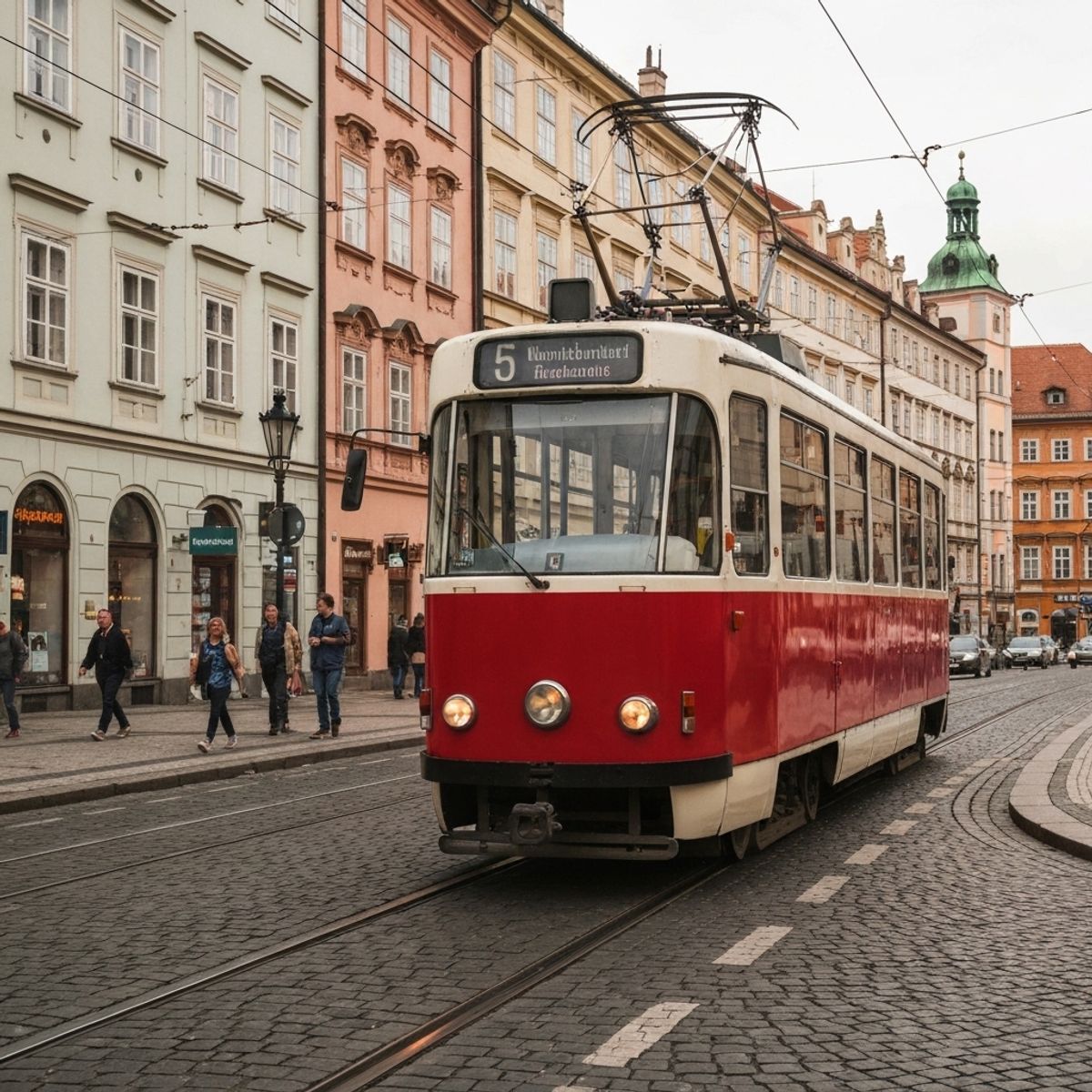 Vue d'un tram historique rouge et crème circulant dans une rue pavée de Prague avec des immeubles colorés en arrière-plan et des passagers attendant à l'arrêt, ambiance authentique de transport local