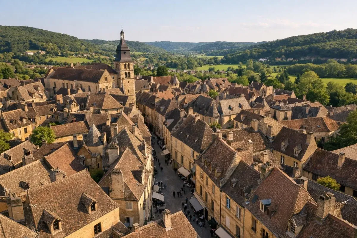 Aerial view of honey-colored medieval rooftops and narrow streets in historic Sarlat town center with surrounding green Périgord countryside, showing the central location for exploring the Dordogne region, golden afternoon light