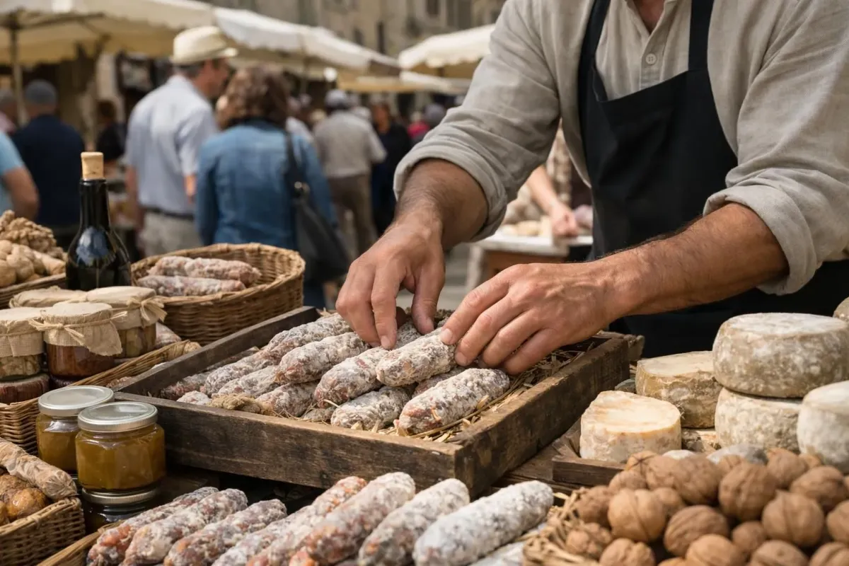 Bustling traditional market scene in medieval Sarlat with stone buildings, vendors displaying local produce including foie gras, truffles, and walnuts under colorful awnings, morning sunlight illuminating the golden stone architecture, shoppers browsing stalls, authentic French market atmosphere