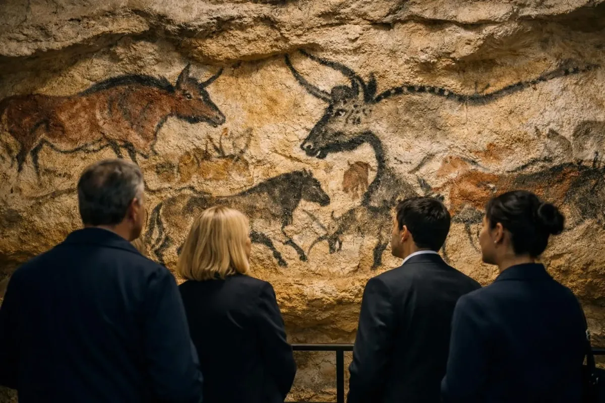 Interior view of Lascaux cave replica showing prehistoric cave paintings of animals on rock walls with warm amber lighting, small group of visitors observing the ancient art in reverent silence, atmospheric underground setting in Dordogne France