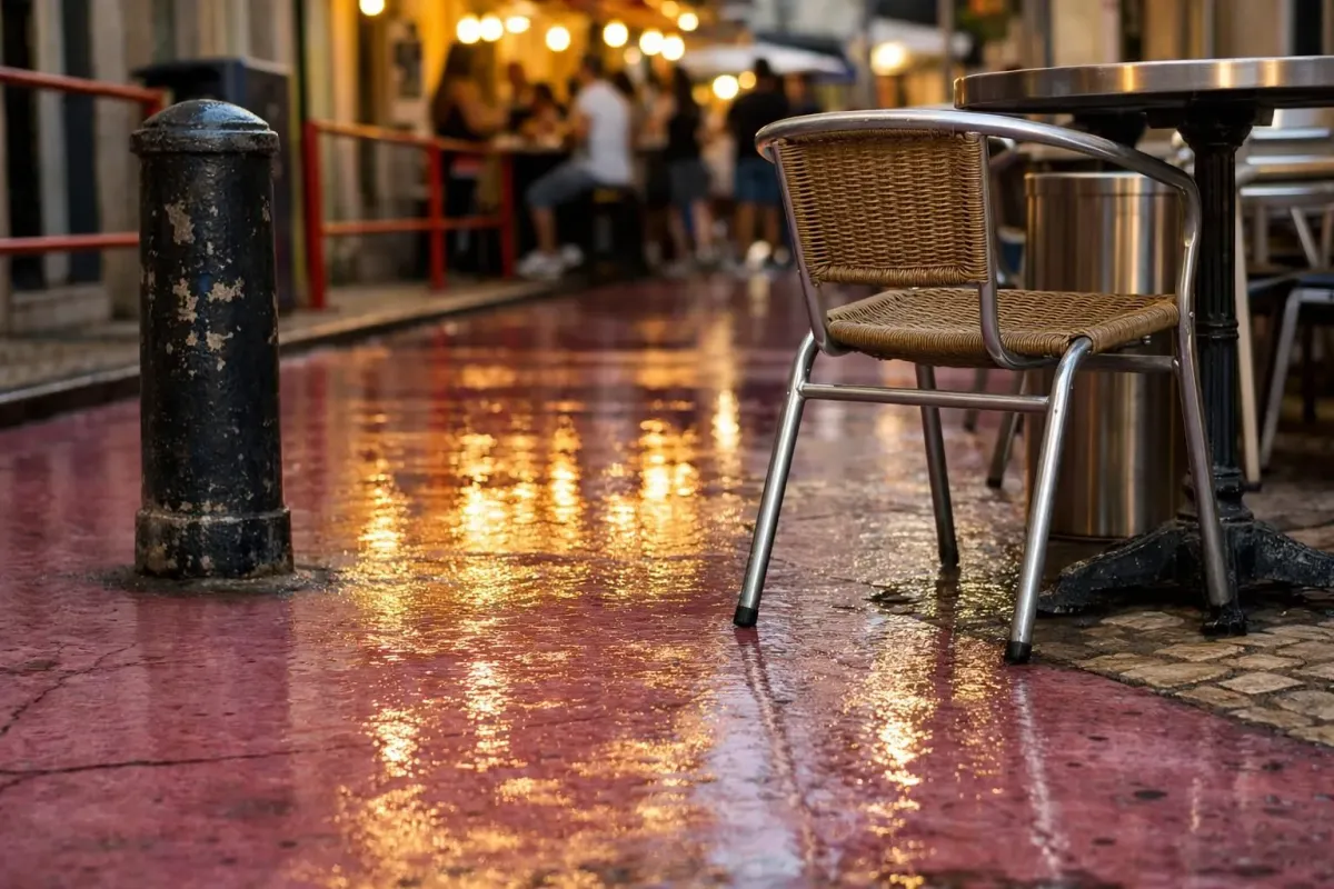 Modern Cais do Sodré neighborhood in Lisbon showing the vibrant Pink Street (Rua Nova do Carvalho) with colorful buildings, trendy bars with outdoor seating, and young international crowd walking and socializing at dusk, capturing the transformation from red-light district to hip nightlife area