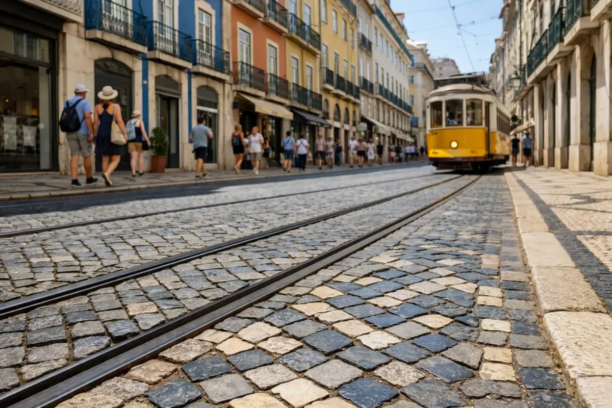 Rue pavée typique du quartier Baixa à Lisbonne avec ses immeubles aux façades colorées du XVIIIe siècle, tramway jaune emblématique passant sur les rails, touristes se promenant sous le soleil