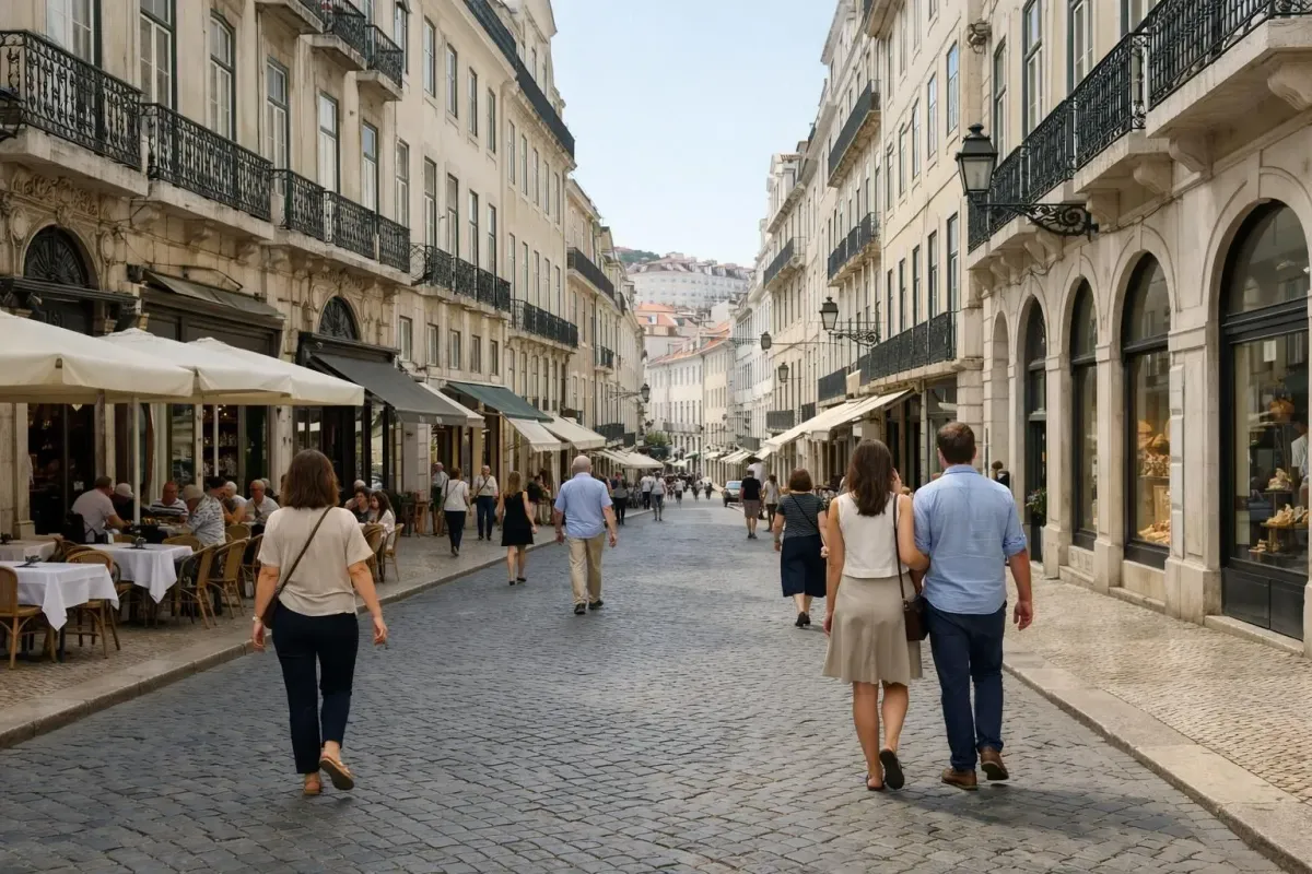 Elegant Chiado district street in Lisbon with historic cafes, cultural storefronts, and refined architecture under natural daylight, pedestrians walking