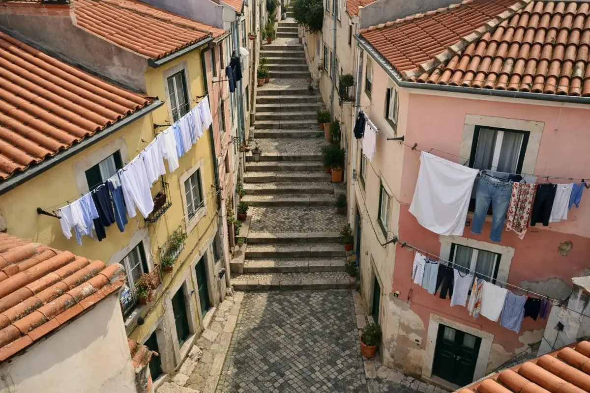Narrow cobblestone alley in Alfama district Lisbon with colorful traditional Portuguese houses, laundry hanging from windows, and steep steps leading uphill under warm afternoon light