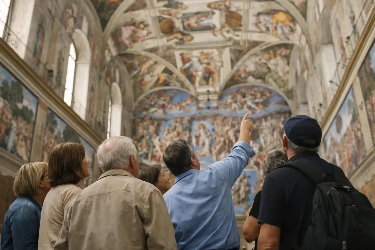 Groupe restreint de visiteurs admirant les plafonds peints de la Chapelle Sixtine avec guide pointant détails, lumière naturelle, atmosphère sereine