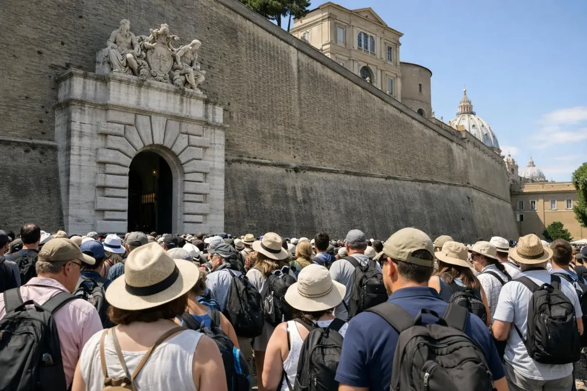 Longue file d'attente sinueuse de touristes patientant sous le soleil devant les murs extérieurs monumentaux des musées du Vatican, avec sacs à dos et chapeaux, perspective architecturale montrant l'ampleur de la foule