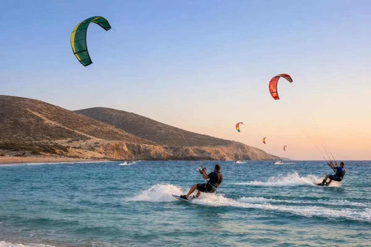 Plage de Prasonisi à Rhodes avec kitesurfers colorés glissant sur l'eau turquoise, vue aérienne montrant la langue de sable où deux mers se rejoignent sous un ciel bleu éclatant