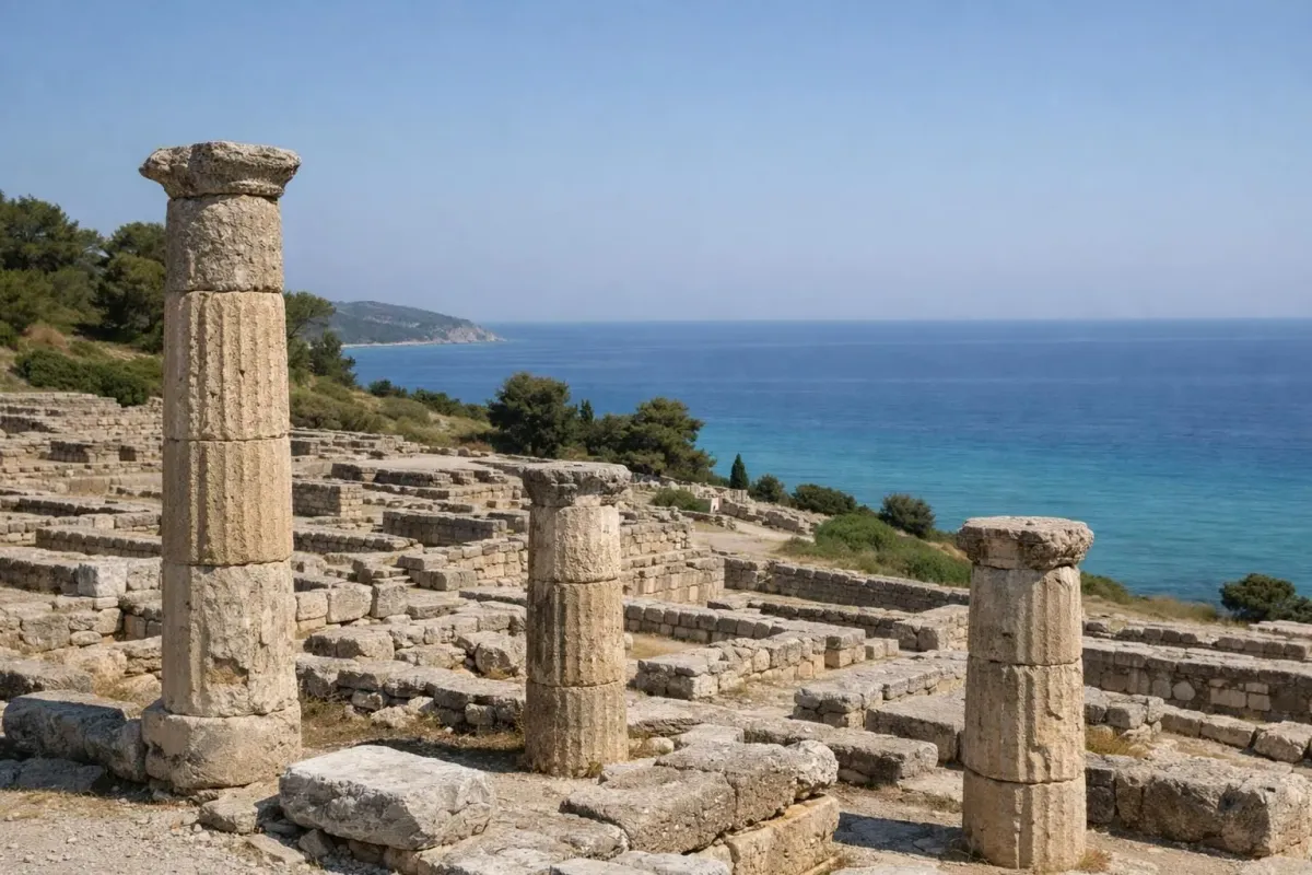 Ancient Greek ruins of Kamiros archaeological site with weathered stone columns and foundations on a green hillside overlooking the turquoise Mediterranean Sea under clear blue sky, no tourists visible, peaceful atmosphere capturing Rhodes' historical heritage