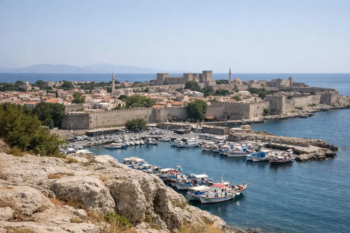 Voyageur contemplant la vieille ville fortifiée de Rhodes depuis un promontoire naturel, avec la mer Égée scintillante en arrière-plan et des bateaux de pêche colorés ancrés dans le port pittoresque en contrebas