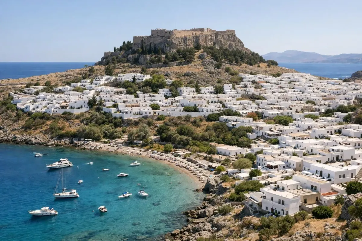 Village blanc de Lindos avec maisons cubiques en cascade sur colline rocheuse, acropole antique au sommet, mer Égée turquoise en contrebas, bateaux dans la baie, lumière méditerranéenne éclatante