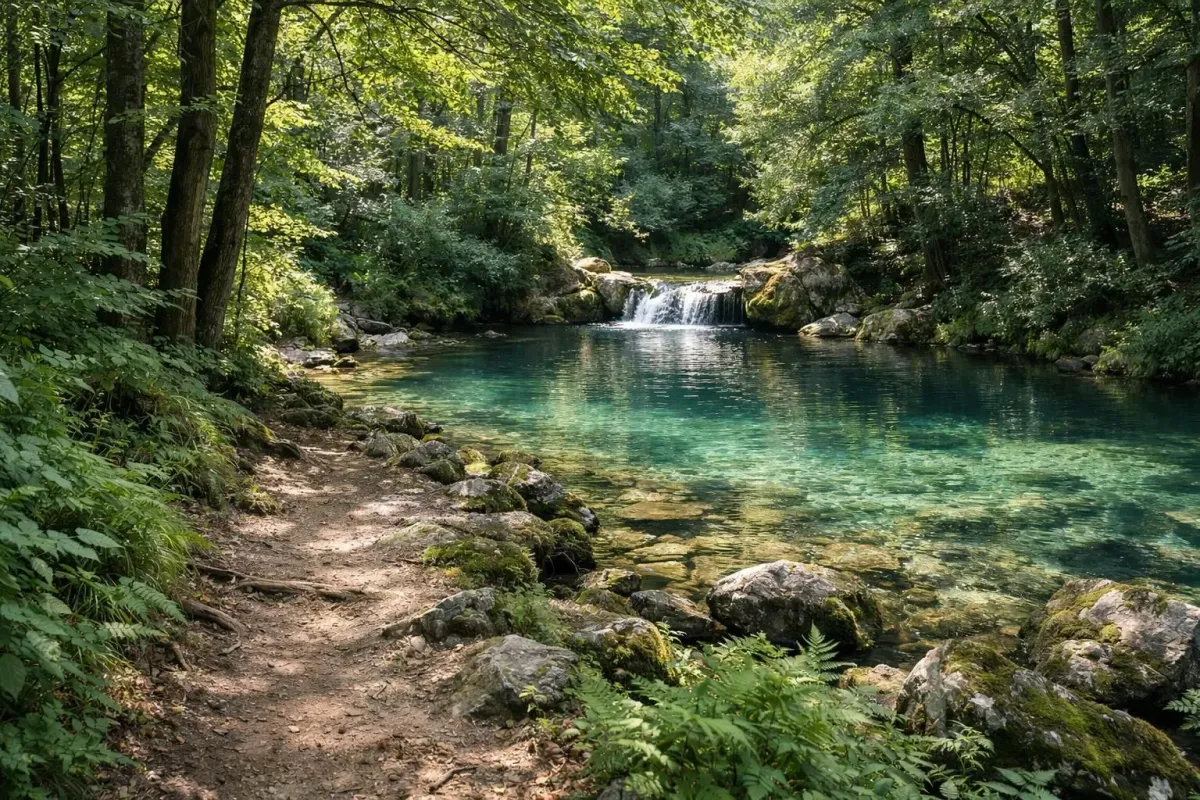 Sentier forestier ombragé menant à une source d'eau claire entourée de végétation luxuriante, lumière filtrée par les arbres