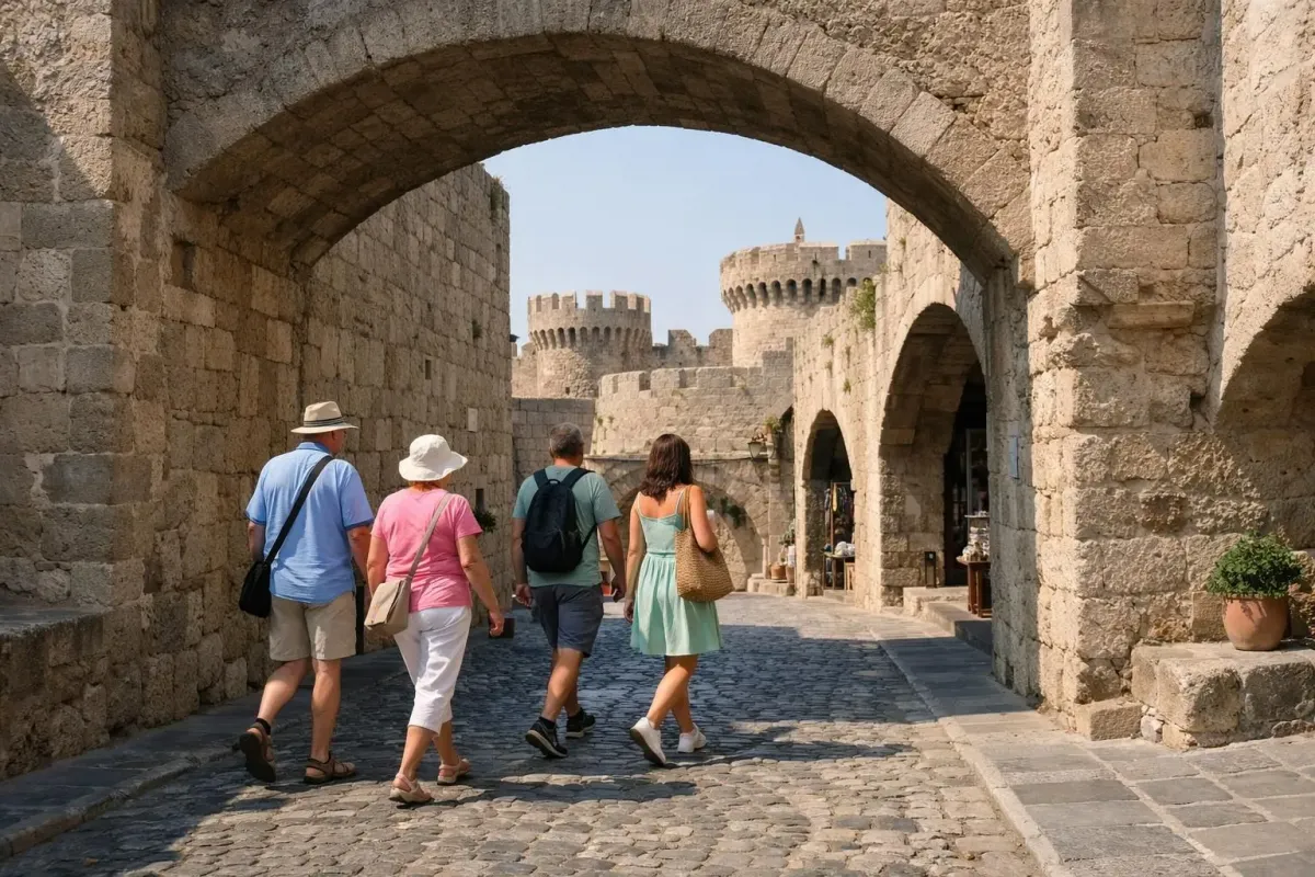 Medieval cobblestone street in Rhodes Old Town with stone archways and tourists walking under Mediterranean sunlight, ancient fortified walls visible in background, early morning golden light casting shadows